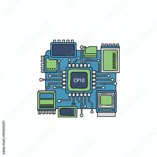 Illustration of a Modern Microchip with Electronic Components and Circuitry
