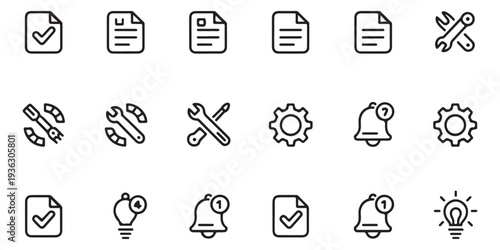 Technical support and document management line icons featuring settings gears and notification bells