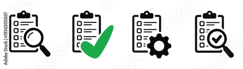 Quality control inspection clipboard icons with green checkmark for successful audit and validation