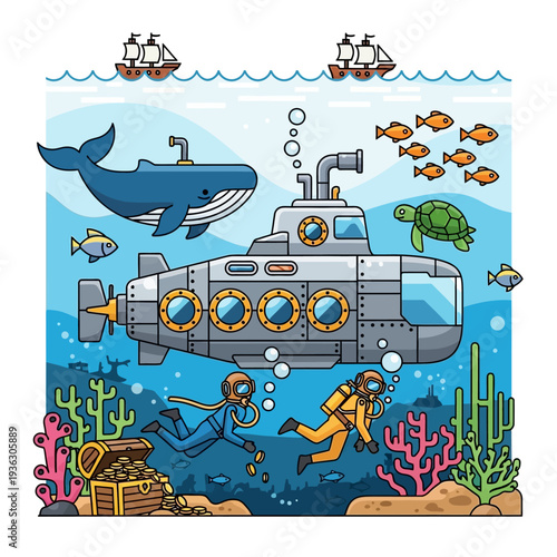 Underwater adventure: submarine, divers, whale, turtle, treasure chest, and fish