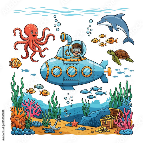 Underwater adventure: Submarine with diver explores ocean life, coral reef, and treasure chest.