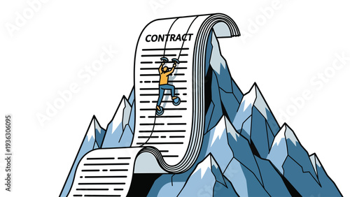 Climbing Contract Mountain: Business Challenge, Legal Agreement, Obstacle, Effort, and Success Concept Illustration