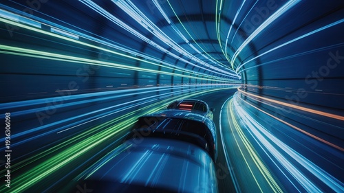 High-speed train zooms through futuristic tunnel with vibrant light trails