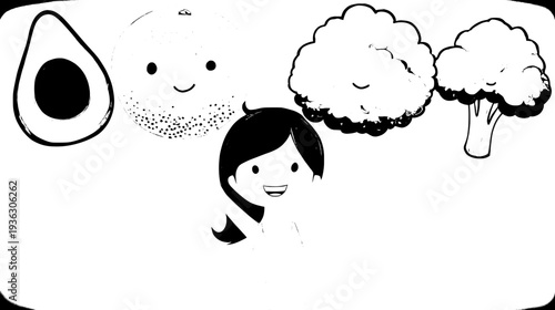 Healthy Weight Loss Nutrition Concept Illustration: Woman Weightlifting Fresh Fruit Vegetable Combo, Blue Background Highlighting Natural Organic Food, Vector Flat Design for Diet Plans, 