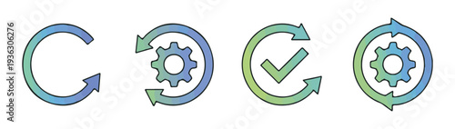 Gradient icons depicting cycle, gear mechanism, check mark validation, and automated process flow