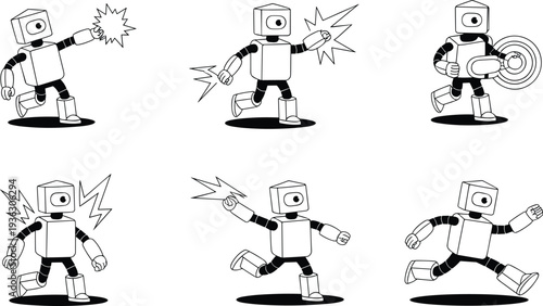 Cartoon illustration of robot character in dynamic action poses with energy bursts, shields, and power surges for gaming, animation, and futuristic design themes