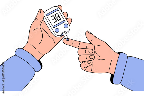 Glucose meter illustration with a person's hands checking blood sugar level