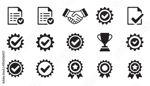 Verified quality symbols and certificate icons for business excellence and compliance authorization
