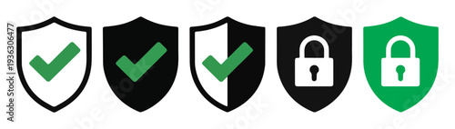 Cyber security shield icons with checkmarks and padlocks for data protection and privacy assurance