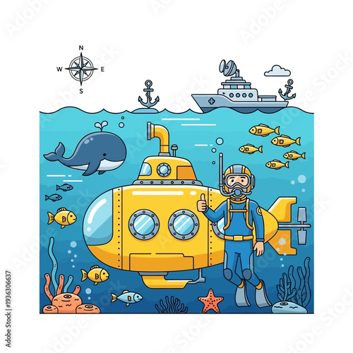 Yellow submarine and diver explore ocean depths with whale and fish