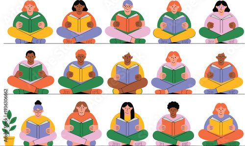 A diverse group of people reading books in a colorful illustration