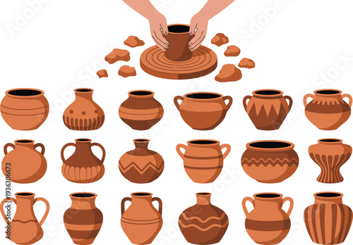 A pottery illustration of various clay vases and a potter's hands at work