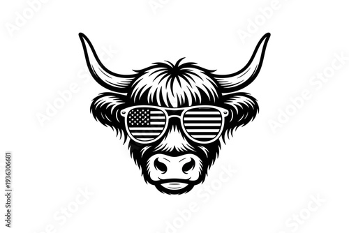 A highland cow wearing American flag sunglasses as a vector illustration