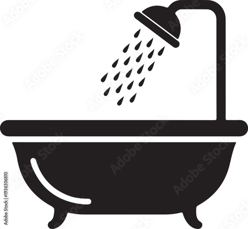 Bath tub and shower head with water drops black vector icon. Bathroom, shower sign, glyph isolated symbol.