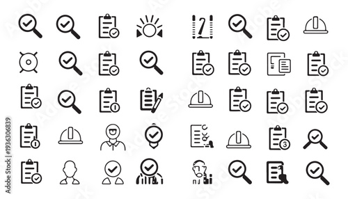 Large collection of quality assurance and inspection related icons in outline style for business