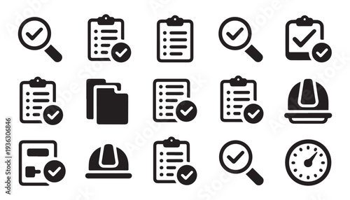 Collection of black icons representing various checks search and documents for service approval