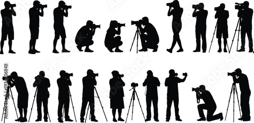 Photographer silhouette vector illustration, people using cameras and tripods in diverse poses, capturing photography art for design, logo, tattoo