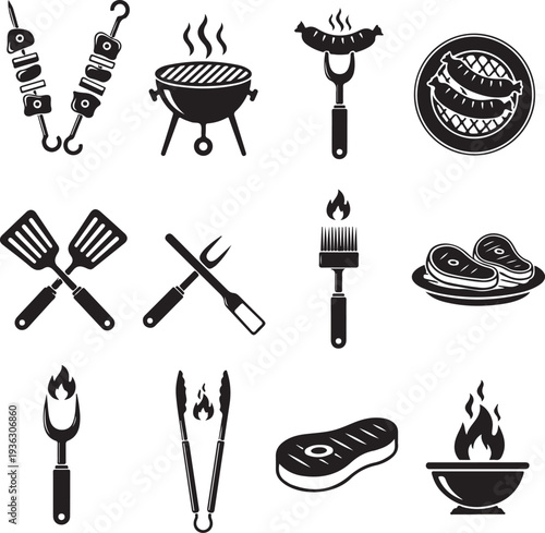 Bbq icons. Barbecue grill icon set with pork steak and chef, sausage fork and tomato sauce, vector illustration