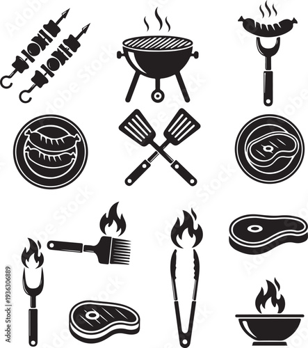 Bbq icons. Barbecue grill icon set with pork steak and chef, sausage fork and tomato sauce, vector illustration