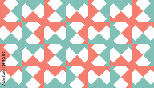 Seamless minimalist geometric pattern with diamond and hourglass shapes, soft pastel palette of teal and coral, modern abstract tile background