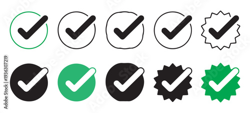 Approved tick mark icons in circular and starburst shapes with green and black color variations style