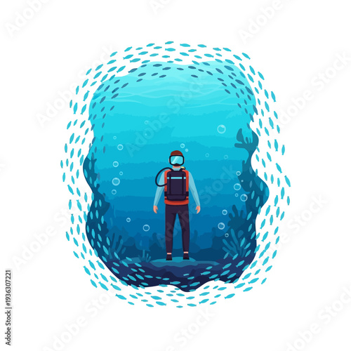 Scuba Diver Exploring Underwater Coral Reef with School of Fish