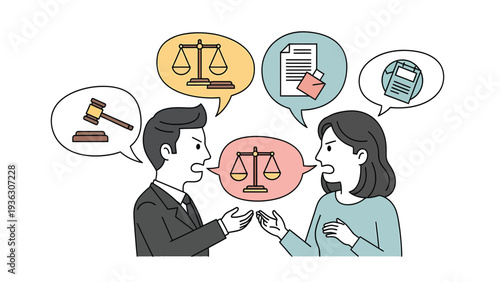 Legal and Financial Dispute Illustration: Man and Woman Arguing with Justice Scales, Documents, and Money Symbols