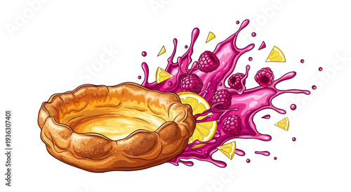 A delicious pie with splashing fruit filling and berries, viewed from the side on a clean white surface in a still life composition and culinary setting