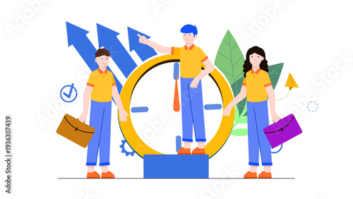 A leader standing on a pedestal guiding his team towards progress with a giant clock and rising arrows in the background symbolizing time management and growth