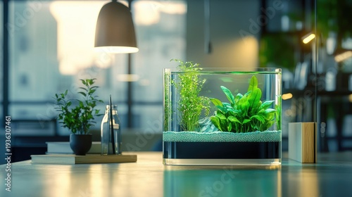 Modern glass water container with aquatic greenery sits illuminated on an indoor surface