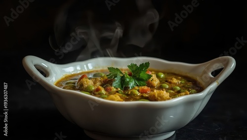 Tapety artystyczne Green Peas curry Matar masala served in a bowl over moody background