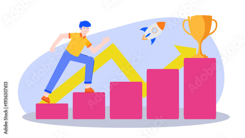 An energetic man running up a pink bar chart with a rocket and trophy representing rapid business growth and success