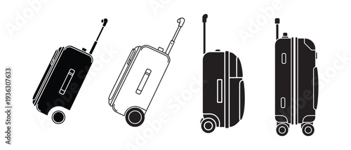 Collection of diverse luggage silhouettes with wheels and handles for travel and transport purposes