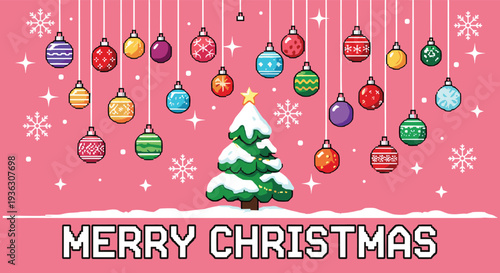 Pixel art holiday scene displays a snowy Christmas tree surrounded by colorful hanging ornaments and snowflakes on a cheerful pink backdrop.