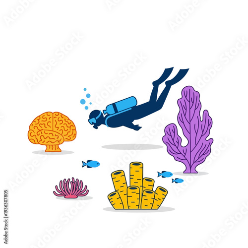 Scuba diver exploring vibrant coral reef with brain coral and fish