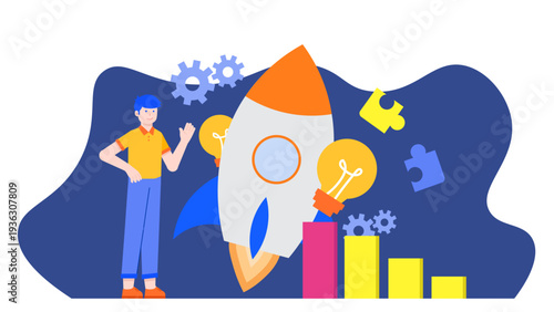 A vibrant scene featuring a rocket launch with gears and puzzle pieces representing business innovation and incubation
