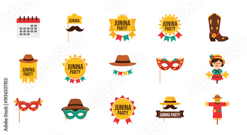 Large collection of Festa Junina icons includes hats, masks, scarecrows, and party banners for the traditional Brazilian June festival.