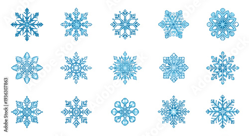Set of fifteen unique blue snowflake icons presented in a grid format for winter weather graphics or festive holiday design projects.