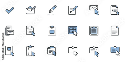 Business document and task management icons with blue accents showing cursor clicks and checklists