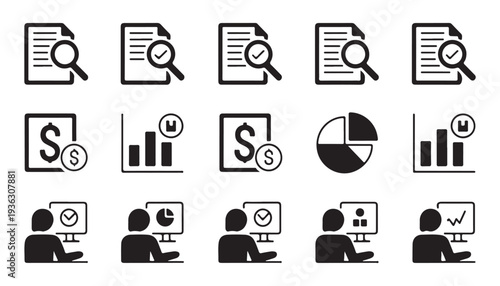 Business analysis and document auditing solid icons showing data research and person at workstation