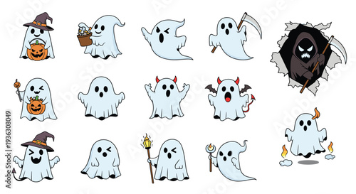 Large set of cute and spooky ghost characters in various costumes like devil, witch, and reaper for Halloween stickers or design assets.