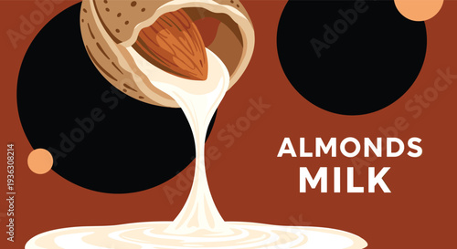 Advertising banner for almond milk features a splash of white liquid pouring from a cracked nut against a rich brown background.