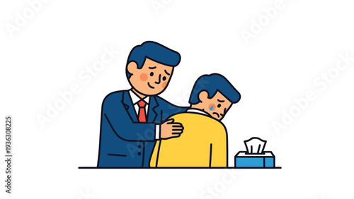 Man offering comfort and emotional support to a crying person. Empathy and compassion for a sad colleague or friend with tissues.