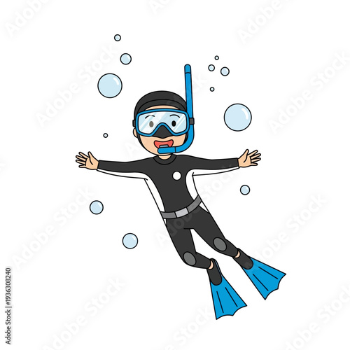 Happy Scuba Diver Boy Floating Underwater with Bubbles