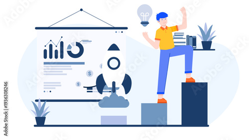 An entrepreneur celebrating a successful launch idea symbolized by a rocket and a lightbulb