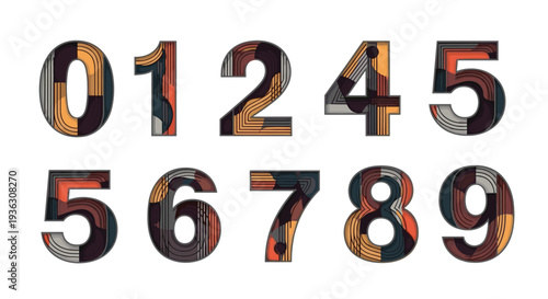 Artistic set of numbers from zero to nine features colorful abstract patterns and textures inside each digit for creative graphic design.