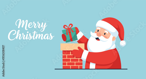 Festive scene shows Santa Claus holding a wrapped gift while leaning over a brick chimney with a cheerful Merry Christmas message on blue.
