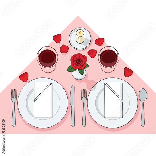 Elegant Romantic Dinner Setting with Candles and Rose on Table