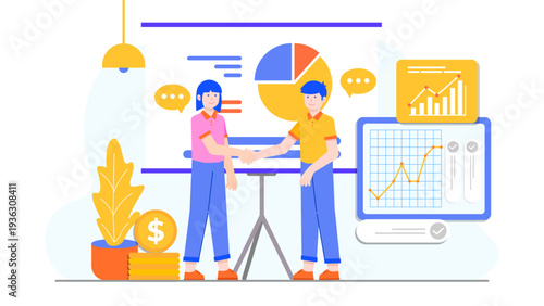 Business professionals making a deal with a handshake in front of a presentation board and financial analytics