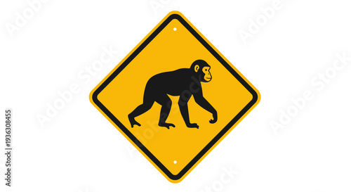 A warning sign displays a large ape crossing on a yellow diamond-shaped road sign.